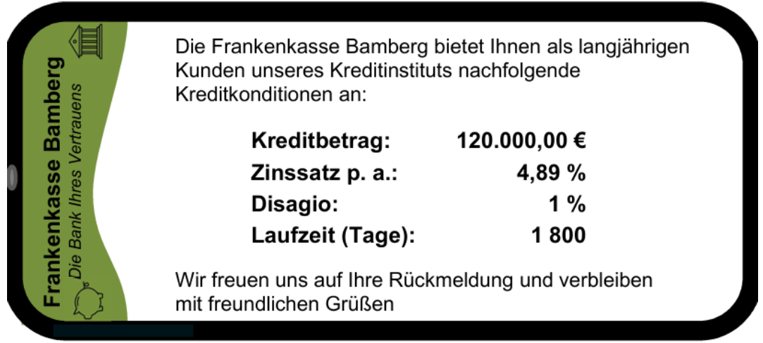 Bankangebot: FrankenKasse Bamberg – Kredit 120.000 €, 4,89% Zins, 1% Disagio, Laufzeit 1800 Tage.